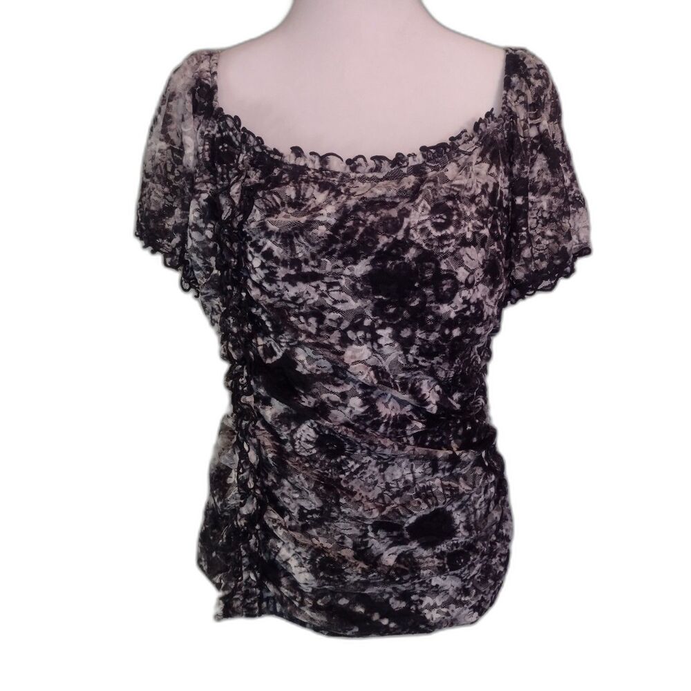 Black & White Floral Lace Ruched Sz L Dark Romantic Whimsigoth